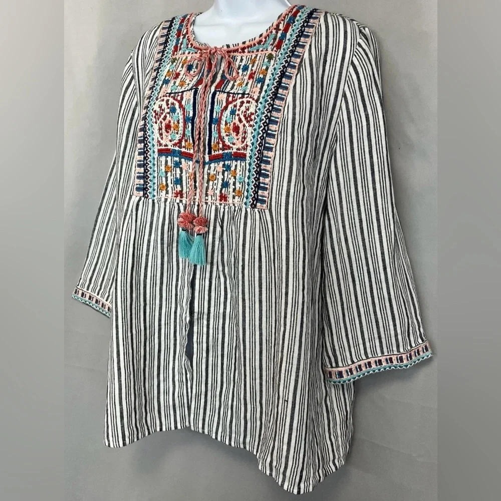 J. Jill Love Linen Striped Embroidered Boho Tunic Top with Tassels L - Picture 7 of 14